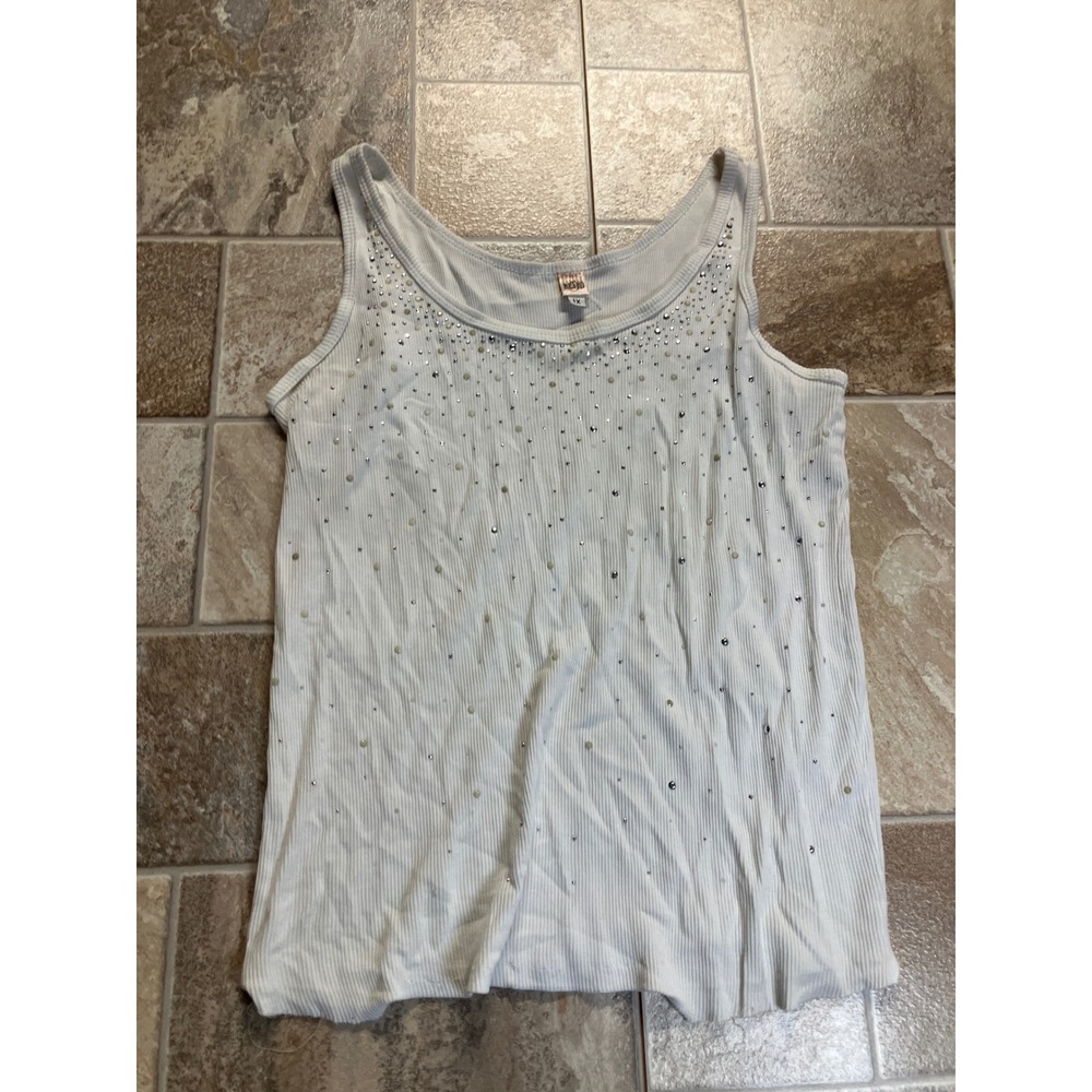 Retro 1X White Ribbed Tank Top‎ Rhinestone Pearl Embellished Sleeveless Shirt